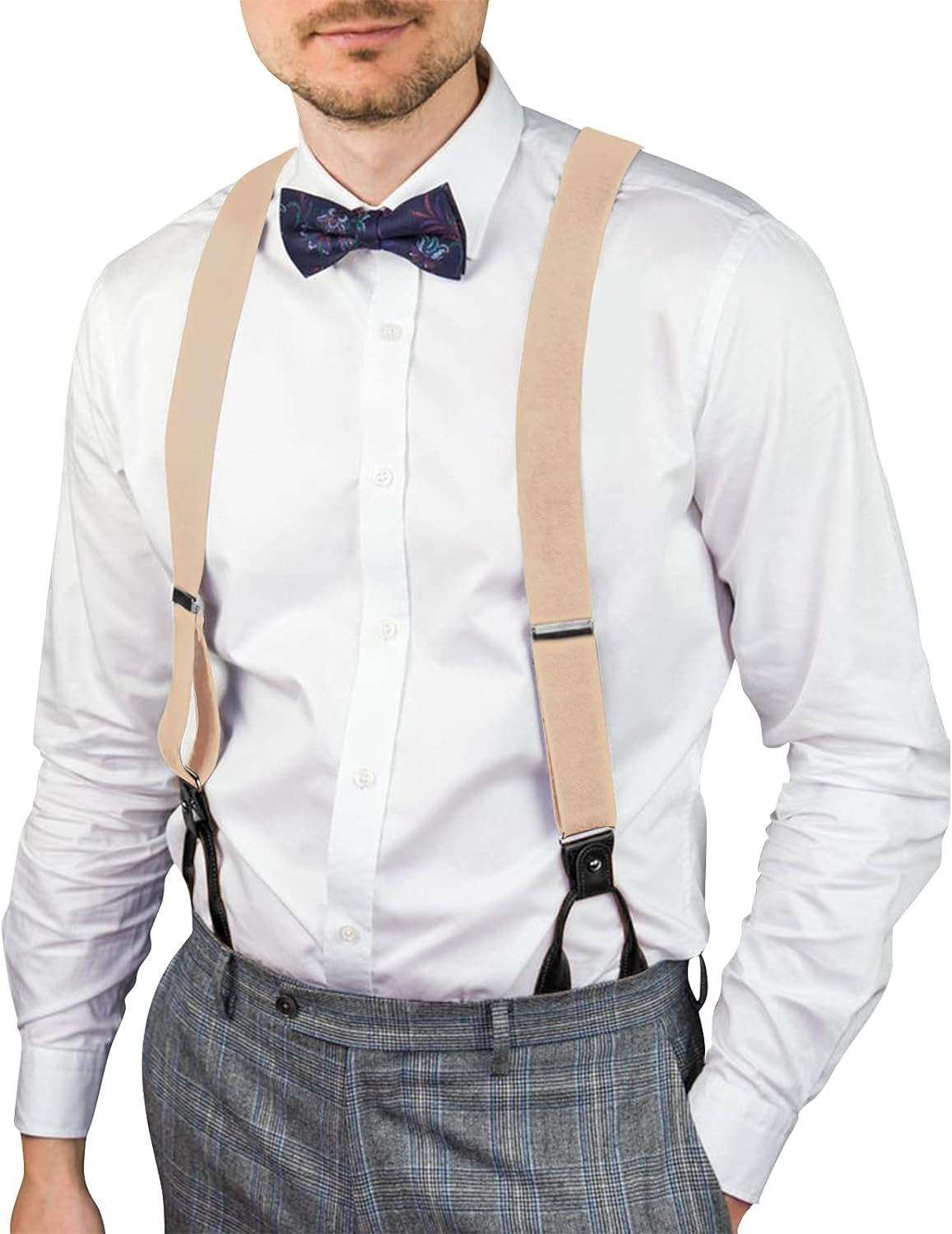 Men'S Brown Button End Suspenders - Y-Back Elastic Tuxedo Braces