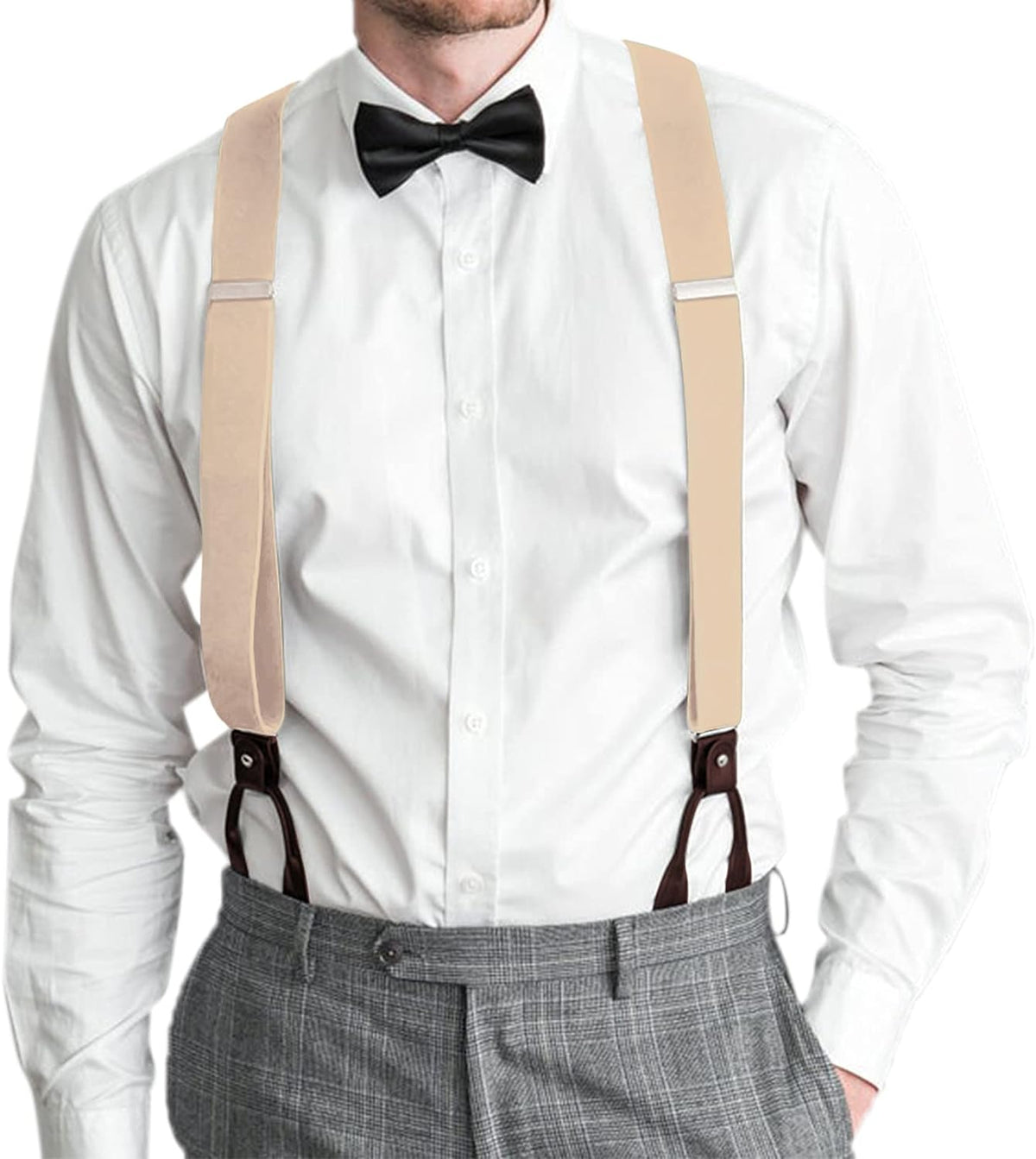 Men'S Brown Button End Suspenders - Y-Back Elastic Tuxedo Braces